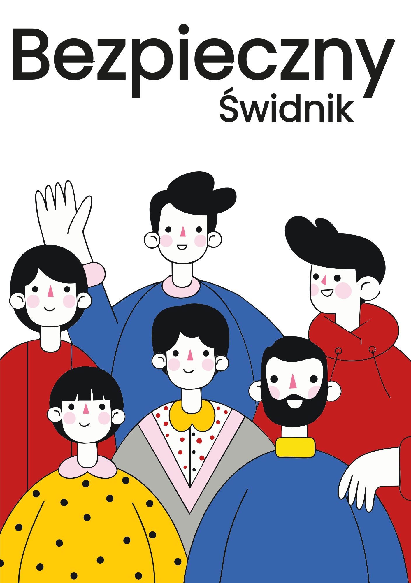 Pięć uśmiechniętych osób w kolorowych ubraniach pod napisem „Bezpieczny Świdnik”